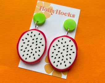 Lasercut dragonfruit pink green acrylic fruit food statement earrings