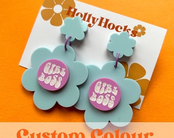 Girl Boss flower power custom colour lasercut acrylic earrings