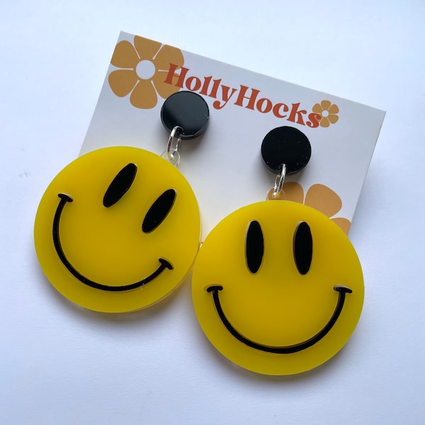 Boucles d'oreilles suspendues en acrylique jaune Happy Smile Face Statement