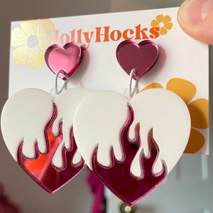 Custom colour heart flame lasercut acrylic statement earrings