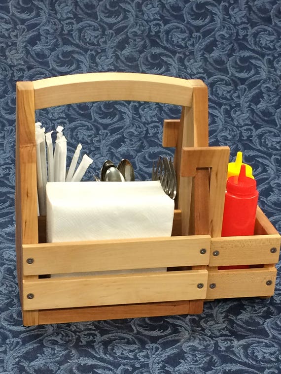 Wood Picnic Caddy Condiment Tote Napkin Holder Utensil Etsy