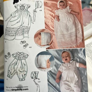 Simplicity pattern 2457 babies christening sets w/bonnet & shoes size A (XXS, XS, S, M) uncut