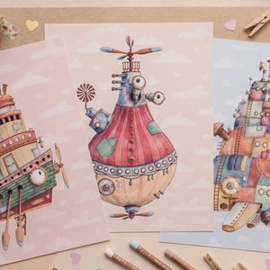 Conjunto de Tres Láminas Infantiles para Decorar la Habitación de Niños y Niñas, Ilustraciones de Fantasía Digital, Las Máquinas Voladoras