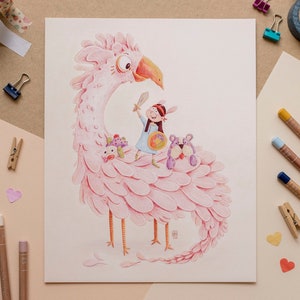 Acuarela Infantil Decorativa Pájaro Aventuras, Lámina Acuarela Infantil para decorar Habitación de niñas, Ilustración Giclée para marcar