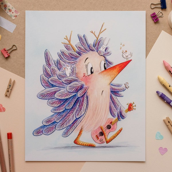 Lámina Decorativa Infantil, El Pájaro Músico, Ilustración Acuarela para decorar la Habitación de Niños y Niñas, Lámina Giclée para enmarcar