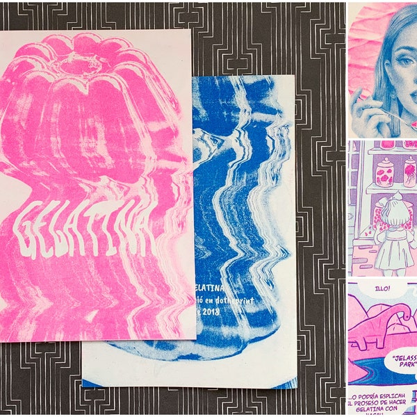 GELATINA, A collaboration zine, The word JELLY illustrated by different artists, Neon Pink and Blue Risograph illustrations, A5 riso fanzine