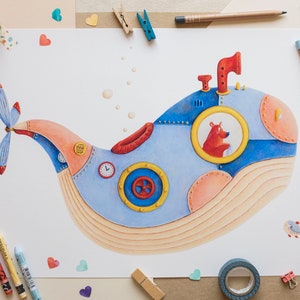 Osito buceador en Submarino Ballena, Lámina infantil decorativa para decorar la habitación de los peques de la casa, Ilustración de cuento