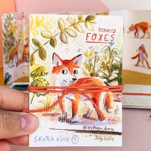 Fanzine "Disegni di volpi". Piccola e graziosa fanzine fatta a mano. Collezione di sketch zine n. 1. Mini album da disegno A7 con illustrazioni a tecnica mista. Studio di animali selvatici.