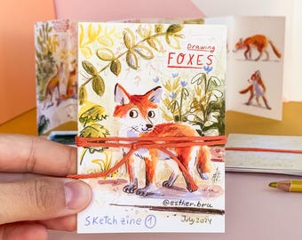 Fanzine "Disegni di volpi". Piccola e graziosa fanzine fatta a mano. Collezione di sketch zine n. 1. Mini album da disegno A7 con illustrazioni a tecnica mista. Studio di animali selvatici.