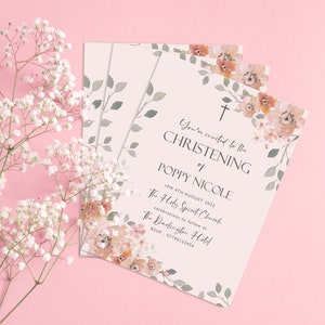 Batizado - Convite - Design Blossom pintado de rosa - Batismo - Convite personalizado impresso em cartão com envelopes A6 - 15x11cm ap