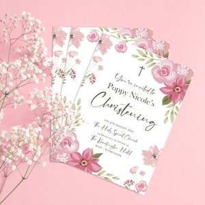 Batizado - Convite - Design de Rosas Cor de Rosa pintado de rosa - Batismo - Convite personalizado impresso em cartão com envelopes A6 - 15x11cm ap