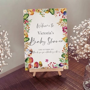 Baby Shower - Panneau de bienvenue - Baies boisées glands chêne - Affiche personnalisée imprimée sur carton pour chevalet ou encadré.