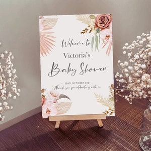Baby Shower - Panneau de bienvenue - Roses et feuilles d’herbe de la pampa Design rose - Affiche personnalisée imprimée sur carton pour chevalet ou encadré.