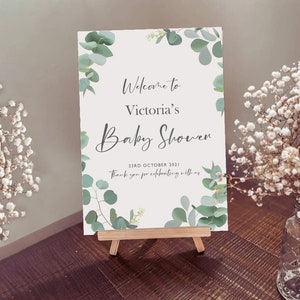 Baby Shower - Cartel de bienvenida - Hojas de eucalipto verde - Impresión de póster personalizada en cartón para caballete o enmarcado.