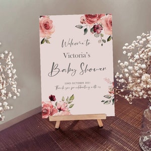 Baby Shower - Panneau de bienvenue - Aquarelle roses rouge rose - Affiche personnalisée imprimée sur carton pour chevalet ou encadré.