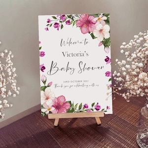 Baby Shower - Panneau de bienvenue - Fleurs tropicales d’hibiscus feuilles en rose - Affiche personnalisée imprimée sur carton pour chevalet ou encadré.