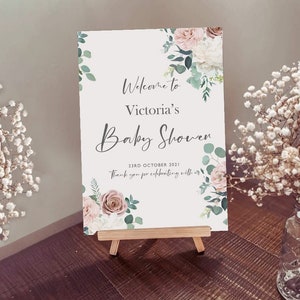 Baby Shower - Panneau de bienvenue - Roses et feuilles d’eucalyptus Design rose - Affiche personnalisée imprimée sur carton pour chevalet ou encadré.