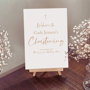Christening - Welcome sign - Plain simple cross script or plain text - Baptism - Personalised poster print on card board for easel stand.