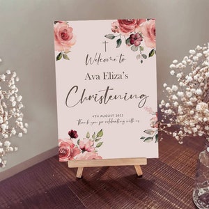 Taufe - Willkommensschild - Aquarell Rosen rot rosa - Taufe - Personalisiertes Posterdruck auf Karton für Staffeleiständer.
