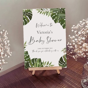 Baby Shower - Panneau de bienvenue - Fromagerie aux feuilles vertes jungle tropicale - Impression d’affiche personnalisée sur carton pour chevalet ou encadré.