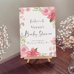 Baby Shower - Panneau de bienvenue - Rose Rose Design en rose peint - Affiche personnalisée imprimée sur carton pour votre support chevalet ou encadré.