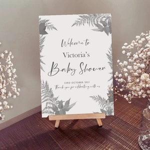 Babyshower - Welkomstbord - Grijs pampasgrasbladeren neutrale jongens - Gepersonaliseerde posterprint op kaartbord voor schildersezelstandaard of ingelijst.