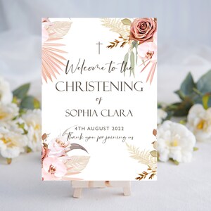 Taufe - Willkommensschild - Rosen und Pampas Grasblätter Design rosa - Taufe - Personalisierter Posterdruck auf Kartenkarton für Staffeleiständer.