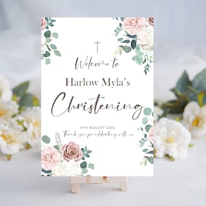 Taufe - Willkommensschild - Rosen und Eukalyptusblätter Design rosa - Taufe - Personalisierter Posterdruck auf Kartenkarton für Staffeleiständer.