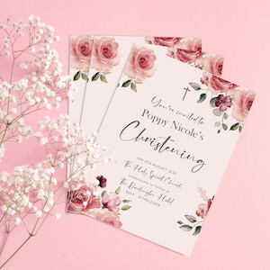 Batizado - Convite - Desenho aquarela Rosas Rosa - Batizado - Convite personalizado impresso em cartão com envelopes A6 - 15x11cm ap
