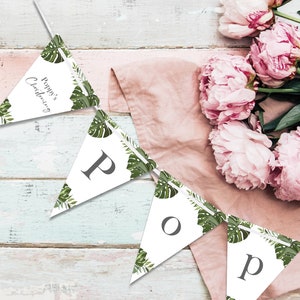 Bunting - Personnalisé pour une fête de bébé, baptême, fête d’anniversaire - Fromagerie à feuilles vertes jungle tropicale Carte sur ruban