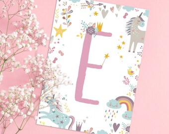 Unicorn - Letter on White - print pretty personalised name for birthday/Christening Nursery girls bedroom décor magical believe in unicorns