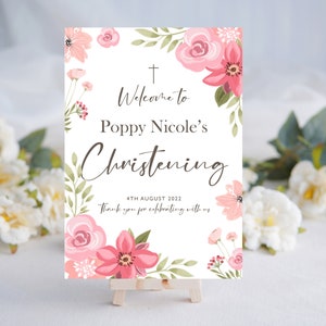 Taufe - Willkommensschild - Rosa Rosen Design in rosa - Taufe - Personalisierter Posterdruck auf Kartenkarton für Deinen Staffeleiständer.