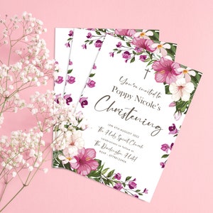 Batizado - Convite - Design Rosa Hawaii Hibiscus - Batismo - Convite personalizado impresso em cartão com envelopes A6 - 15x11cm ap