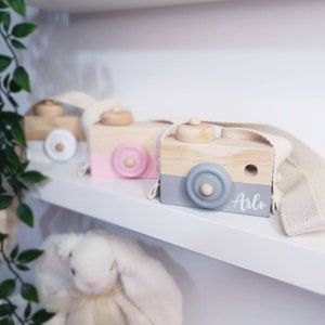 Personalised wooden camera. Pink, grey or white with solid light wood. Cute scandi nursery decor new baby.