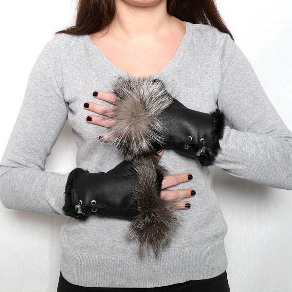 Fingerlose Handschuhe aus Schaffell, Schaffell Handschuhe mit Fuchspelz, Schaffell Fell Handschuhe, Lederhandschuhe