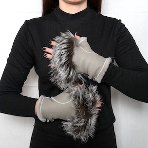 Sheepskin Fingerless Gloves,Shearling gloves , leather fur gloves, gloves for birthday gift , best friend gift image 1