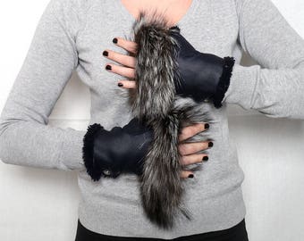 Sheepskin Gloves Fingerless, Shearling fur gloves , Realy Warm gloves , leather gloves fingerless