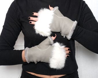 Shearling fingerlose Handschuhe, Schaffellhandschuhe, fingerlose Handschuhe für Frauen, Luxusgeschenk für Frauen