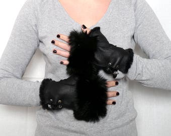 Sheepskin Fingerless Gloves , Black shearling fur gloves , leather gloves , sheepskin with rabbit gloves ,fur gloves
