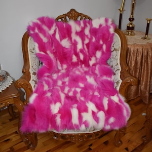 Lujosa manta de piel de zorro / Alfombra de piel de zorro / Manta de piel rosa y blanca hecha de piel de zorro / Regalo para ella