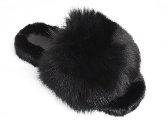 Mink Fur Slides | Black Fur Slides |  Mink And Fox Fur Slide | Luxury gift for women
