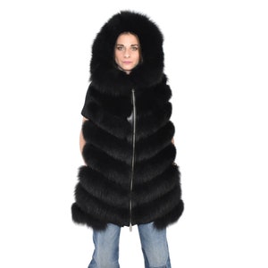Black Fox Fur Vest  | Fox And Shearling Fur Vest  | Shearling Fux Vest  | Women Fur Vest With Hood | TOP QUALITY fUR Vest