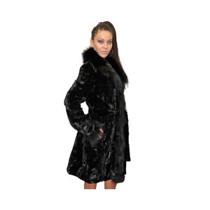 Black Mink Coat with Fox Fur | Mink Coat with Fox Fur Collar ,Cuffs And Frontline | Women Fur Coat | Slim Fit  Mink Coat | Gift For Her