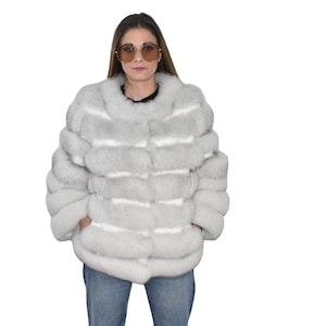 Fox Fur Jacket | White Fox Jacket | Flyffu Fur Jacket / Fur Jacket With Fox And leather Stripes