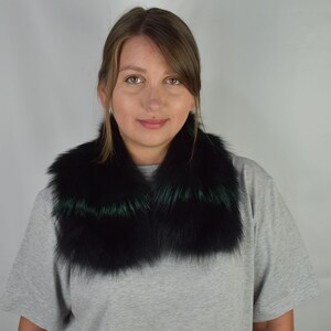 Fur Coat Collar Gift For Her | Detachable  Fox Fur Collar | Black With Green Fur Collar