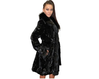 Black Mink Coat with Fox Fur | Mink Coat with Fox Fur Collar ,Cuffs And Frontline | Women Fur Coat | Slim Fit  Mink Coat | Gift For Her