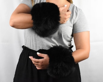 Puños elegantes de piel negra / Puños de manga / Puños de piel desmontables / Puños de piel de zorro para mujer / Regalo de lujo para ella