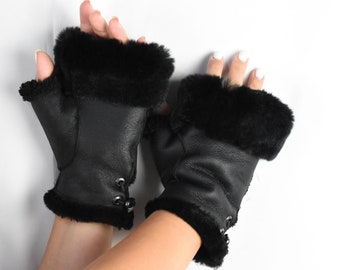 Leather Fingerless Gloves  | Sheepskin Fur Gloves For Women |Sheepskin Fingertip Gloves | Fur  Gloves | Black Sheepskin Gloves