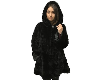 ゴージャスな本物のブラックミンク毛皮ロングコート（フード付き