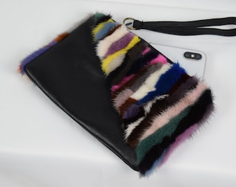 Mini women's Leather purse with Colorfull mink ,  Real leather purse for women, Women Purse